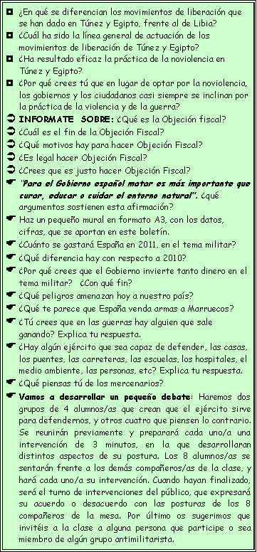 Cuadro de texto: �En qu� se diferencian los movimientos de liberaci�n que se han dado en T�nez y Egipto, frente al de Libia?�Cu�l ha sido la l�nea general de actuaci�n de los movimientos de liberaci�n de T�nez y Egipto?�Ha resultado eficaz la pr�ctica de la noviolencia en T�nez y Egipto?�Por qu� crees t� que en lugar de optar por la noviolencia, los gobiernos y los ciudadanos casi siempre se inclinan por la pr�ctica de la violencia y de la guerra?INFORMATE  SOBRE: �Qu� es la Objeci�n fiscal?�Cu�l es el fin de la Objeci�n Fiscal?�Qu� motivos hay para hacer Objeci�n Fiscal?�Es legal hacer Objeci�n Fiscal? �Crees que es justo hacer Objeci�n Fiscal?�Para el Gobierno espa�ol matar es m�s importante que curar, educar o cuidar el entorno natural�. �qu� argumentos sostienen esta afirmaci�n?Haz un peque�o mural en formato A3, con los datos, cifras, que se aportan en este bolet�n.�Cu�nto se gastar� Espa�a en 2011, en el tema militar?   �Qu� diferencia hay con respecto a 2010?�Por qu� crees que el Gobierno invierte tanto dinero en el tema militar?   �Con qu� fin?�Qu� peligros amenazan hoy a nuestro pa�s?�Qu� te parece que Espa�a venda armas a Marruecos?�T� crees que en las guerras hay alguien que sale ganando? Explica tu respuesta.�Hay alg�n ej�rcito que sea capaz de defender, las casas, los puentes, las carreteras, las escuelas, los hospitales, el medio ambiente, las personas, etc? Explica tu respuesta.�Qu� piensas t� de los mercenarios?Vamos a desarrollar un peque�o debate: Haremos dos grupos de 4 alumnos/as que crean que el ej�rcito sirve para defendernos, y otros cuatro que piensen lo contrario. Se reunir�n previamente y preparar� cada uno/a una intervenci�n de 3 minutos, en la que desarrollaran distintos aspectos de su postura. Los 8 alumnos/as se sentar�n frente a los dem�s compa�eros/as de la clase, y har� cada uno/a su intervenci�n. Cuando hayan finalizado, ser� el turno de intervenciones del p�blico, que expresar� su acuerdo o desacuerdo con las posturas de los 8 compa�eros de la mesa. Por �ltimo os sugerimos que invit�is a la clase a alguna persona que participe o sea miembro de alg�n grupo antimilitarista. 