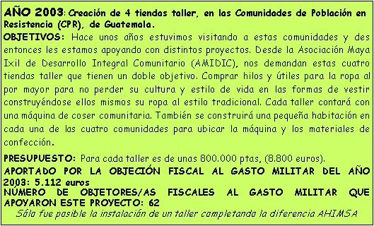 Cuadro de texto: A�O 2003: Creaci�n de 4 tiendas taller, en las Comunidades de Poblaci�n en Resistencia (CPR), de Guatemala. OBJETIVOS: Hace unos a�os estuvimos visitando a estas comunidades y des entonces les estamos apoyando con distintos proyectos. Desde la Asociaci�n Maya Ixil de Desarrollo Integral Comunitario (AMIDIC), nos demandan estas cuatro tiendas taller que tienen un doble objetivo. Comprar hilos y �tiles para la ropa al por mayor para no perder su cultura y estilo de vida en las formas de vestir construy�ndose ellos mismos su ropa al estilo tradicional. Cada taller contar� con una m�quina de coser comunitaria. Tambi�n se construir� una peque�a habitaci�n en cada una de las cuatro comunidades para ubicar la m�quina y los materiales de confecci�n. PRESUPUESTO: Para cada taller es de unas 800.000 ptas, (8.800 euros).APORTADO POR LA OBJECI�N FISCAL AL GASTO MILITAR DEL A�O 2003: 5.112 eurosN�MERO DE OBJETORES/AS FISCALES AL GASTO MILITAR QUE APOYARON ESTE PROYECTO: 62S�lo fue posible la instalaci�n de un taller completando la diferencia AHIMSA