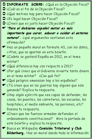 Cuadro de texto: INFORMATE SOBRE: ¿Qué es la Objeción fiscal?
¿Cuál es el fin de la Objeción Fiscal?
¿Qué motivos hay para hacer Objeción Fiscal?
¿Es legal hacer Objeción Fiscal?
¿Crees que es justo hacer Objeción Fiscal?
“Para el Gobierno español matar es más importante que curar, educar o cuidar el entorno natural”. ¿qué argumentos sostienen esta afirmación?
Haz un pequeño mural en formato A3, con los datos, cifras, que se aportan en este boletín.
¿Cuánto se gastará España en 2012, en el tema militar?
¿Qué diferencia hay con respecto a 2011?
¿Por qué crees que el Gobierno invierte tanto dinero en el tema militar? ¿Con qué fin?
¿Qué peligros amenazan hoy a los españoles?
¿Tú crees que en las guerras hay alguien que sale ganando? Explica tu respuesta.
¿Hay algún ejército que sea capaz de defender, las casas, los puentes, las carreteras, las escuelas, los hospitales, el medio ambiente, las personas, etc? Razona tu respuesta.
¿Crees que las fuerzas armadas defienden el ordenamiento constitucional? Mira la portada de este boletín y explica tu respuesta.
Busca en Wikipedia: Comisión Trilateral y Club Bilderberg. Haz un mural dando toda la información