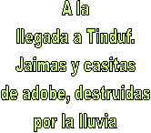 A la
llegada a Tinduf.
Jaimas y casitas
de adobe, destruidas
por la lluvia